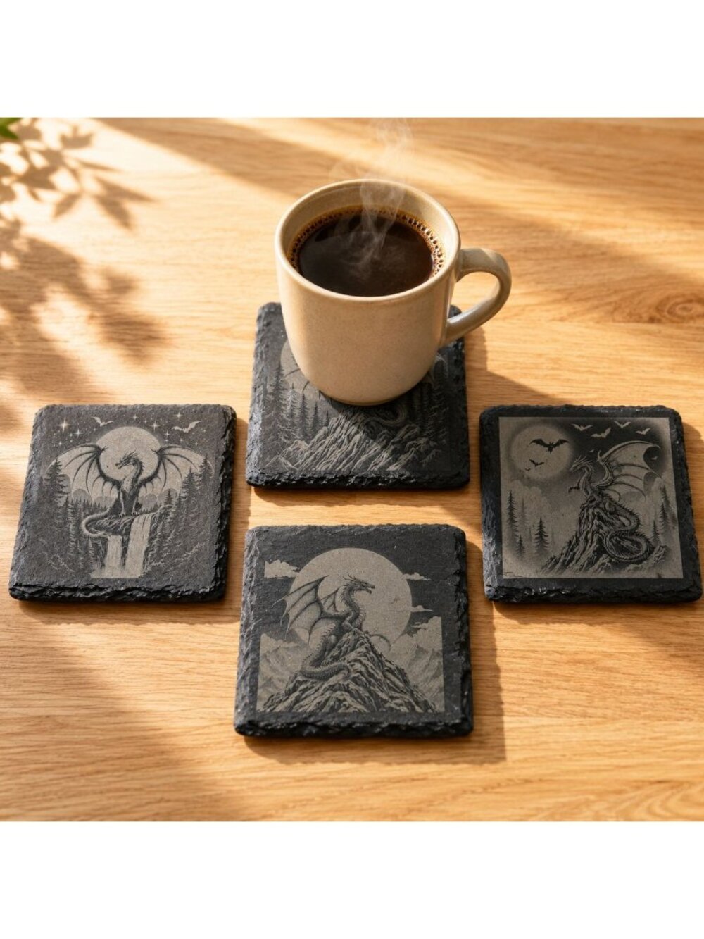 Slate Dragon Coasters Engraved 4x4" Set Of 4 Square Gray 4"